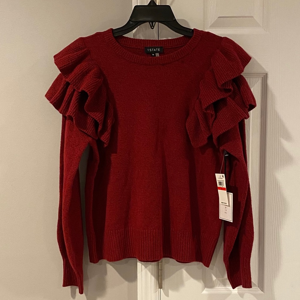 1. State Ruffled Sleeve Marled Sweater